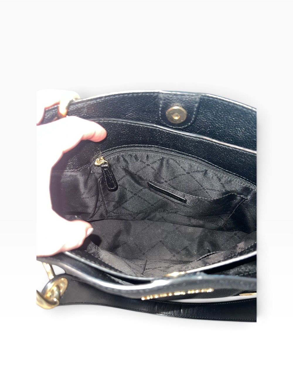 Michael Kors Black Leather Tote Shoulder Bag Gold Hardware MK Charm - Picture 12 of 14